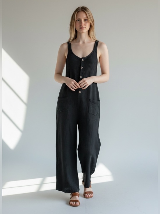 Umgee Pants - Umgee Black Sleeveless Button-Front Jumpsuit